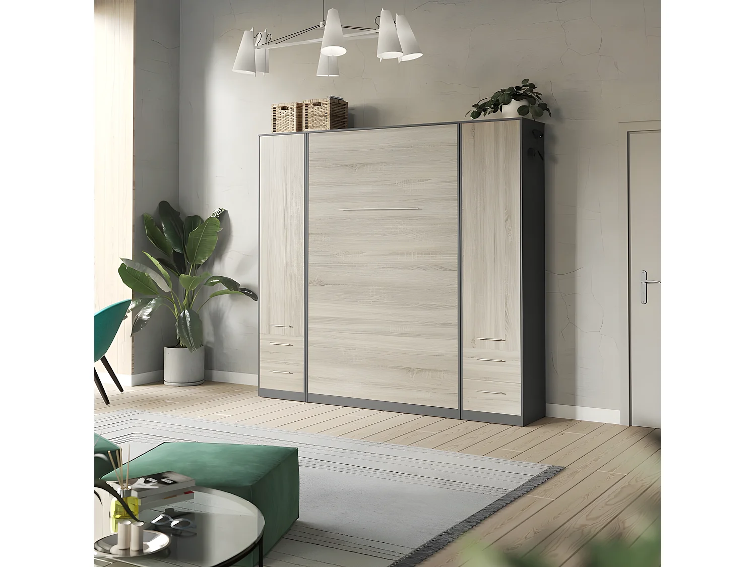 Lit escamotable +2 Placards Vertical 120x200+(50x2)cm Lit Rabattable Lit Mural Standard Anthracite/Chêne Sonoma