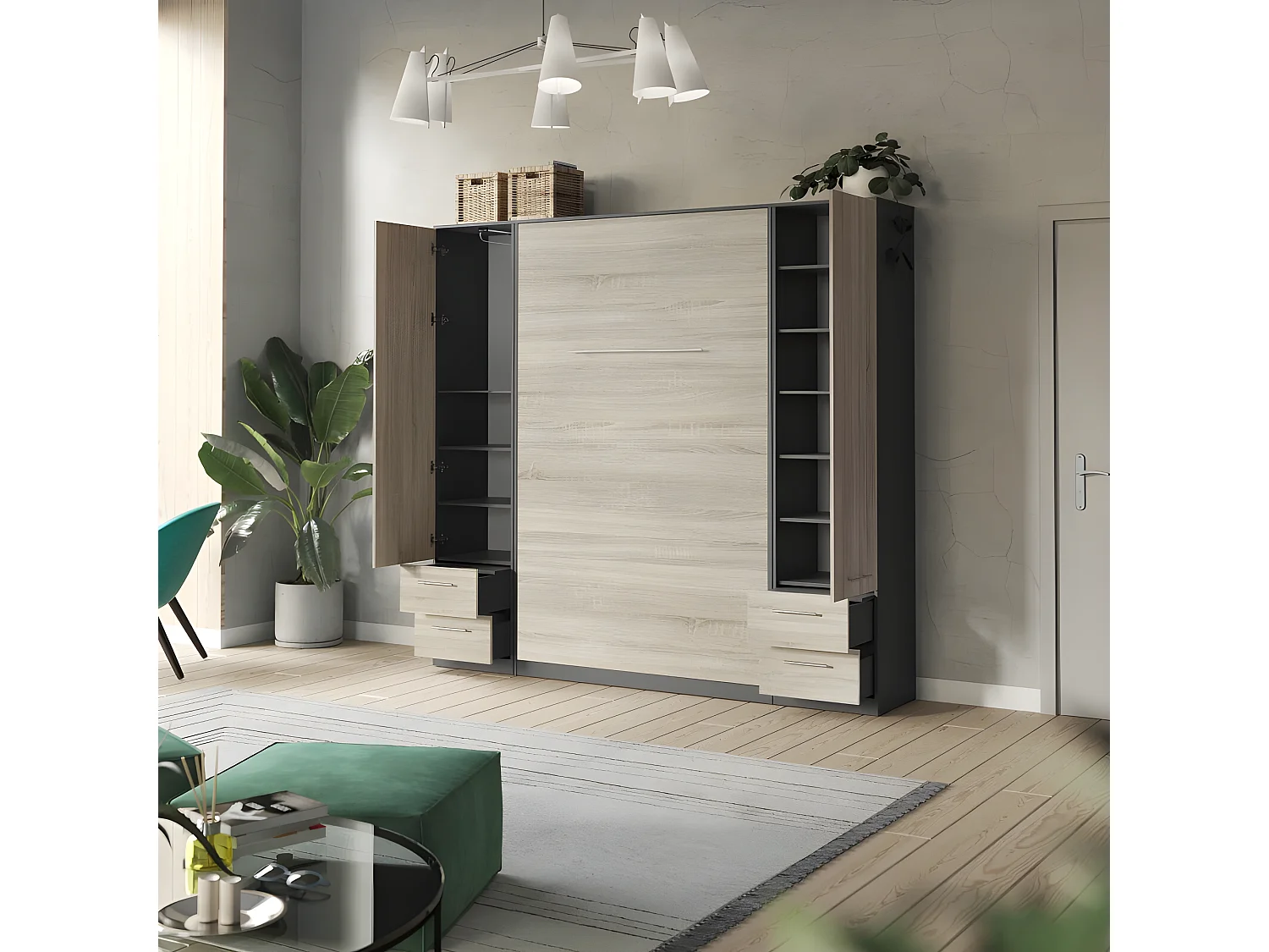 Lit escamotable +2 Placards Vertical 120x200+(50x2)cm Lit Rabattable Lit Mural Standard Anthracite/Chêne Sonoma