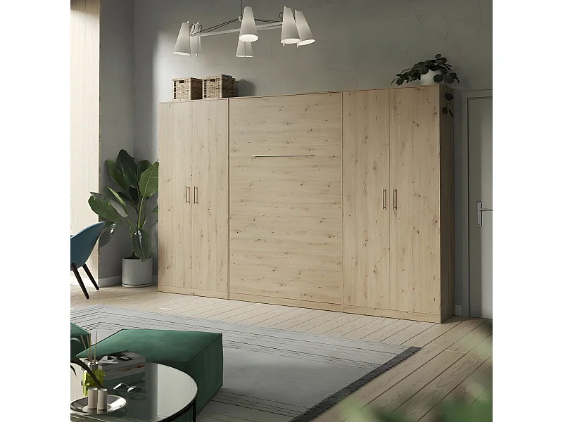 Lit escamotable +2 Placards Vertical 120x200+(80x2)cm Lit Rabattable Lit Mural Standard Chêne Sauvage/Chêne Sauvage