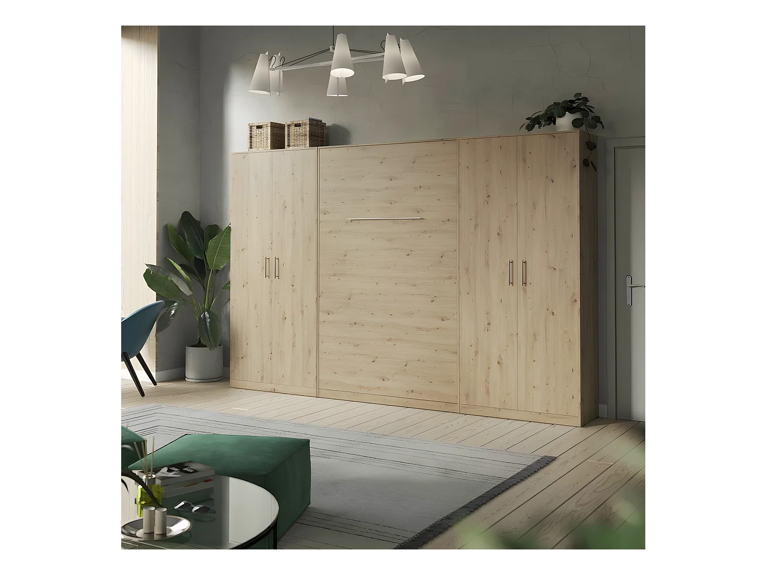 Lit escamotable +2 Placards Vertical 120x200+(80x2)cm Lit Rabattable Lit Mural Standard Chêne Sauvage/Chêne Sauvage