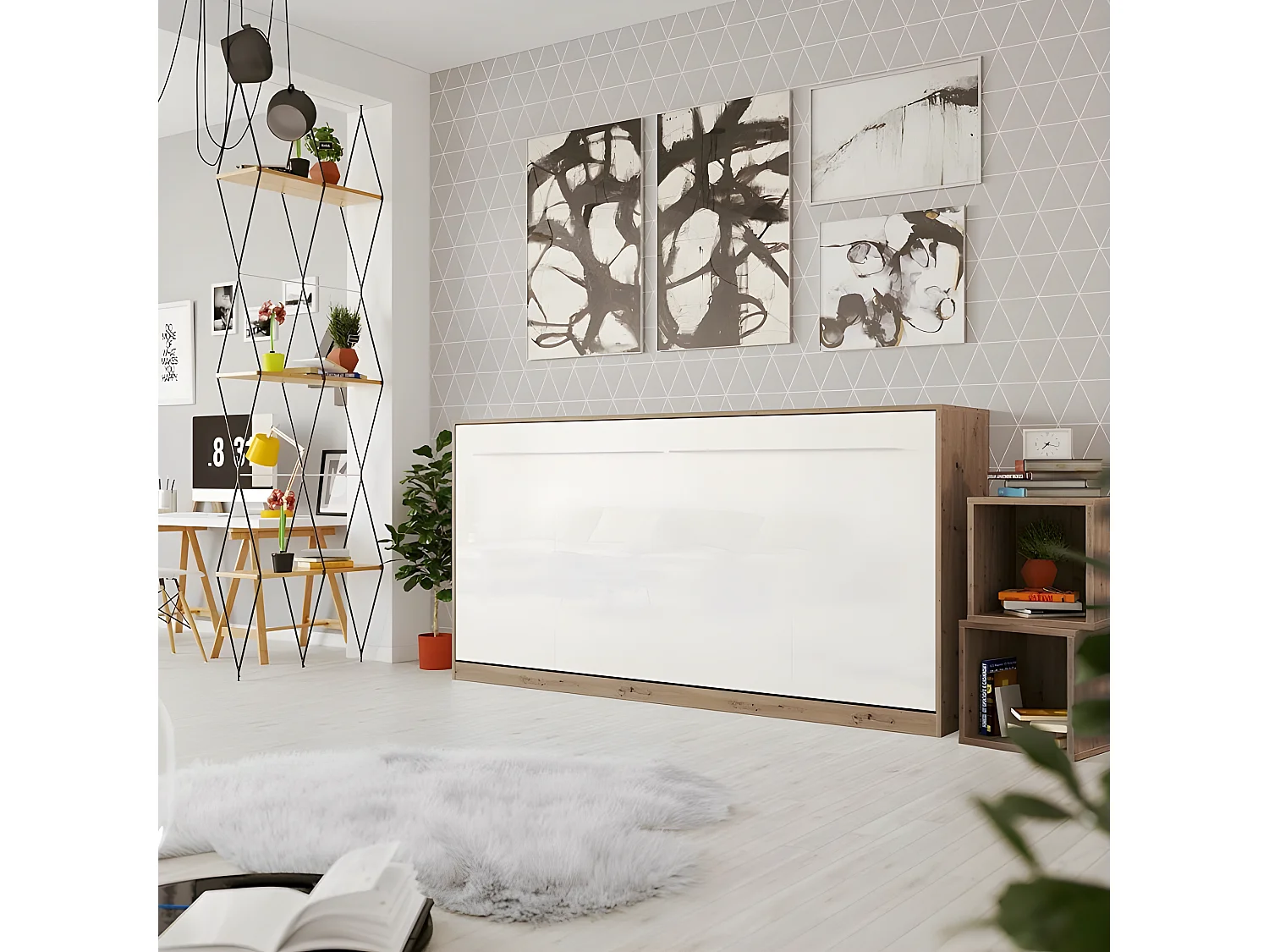 Armoire Lit escamotable 90x200cm Supérieur Horizontal Lit Rabattable Lit Mural Chêne Sauvage/blanc brillant