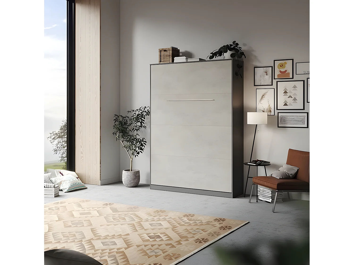 Armoire Lit escamotable 140x200cm Lit Rabattable Lit Mural Supérieur Vertical Anthracite/Béton