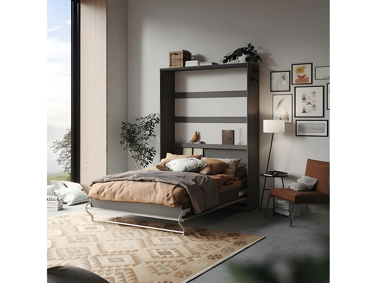 Armoire Lit escamotable 140x200cm Lit Rabattable Lit Mural Supérieur Vertical Anthracite/Béton