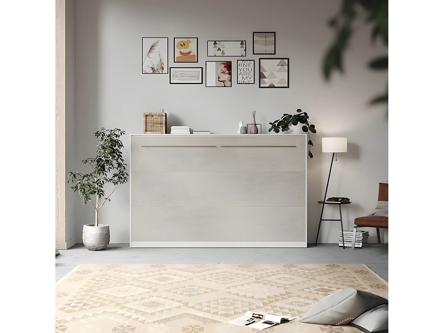 Armoire Lit escamotable 120x200cm Supérieur Horizontal Lit Rabattable Lit Mural Blanc/Béton