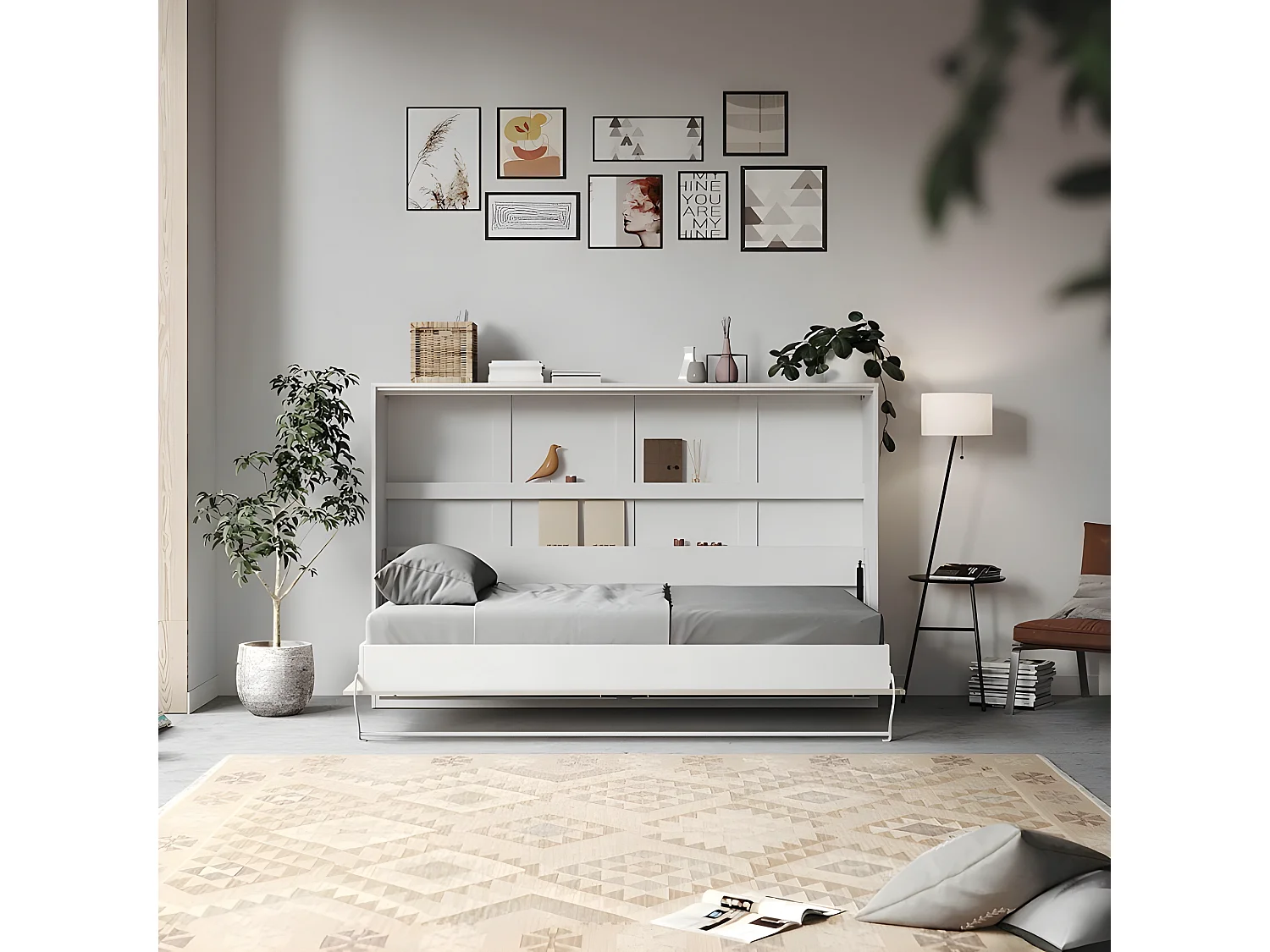 Armoire Lit escamotable 120x200cm Supérieur Horizontal Lit Rabattable Lit Mural Blanc/Béton