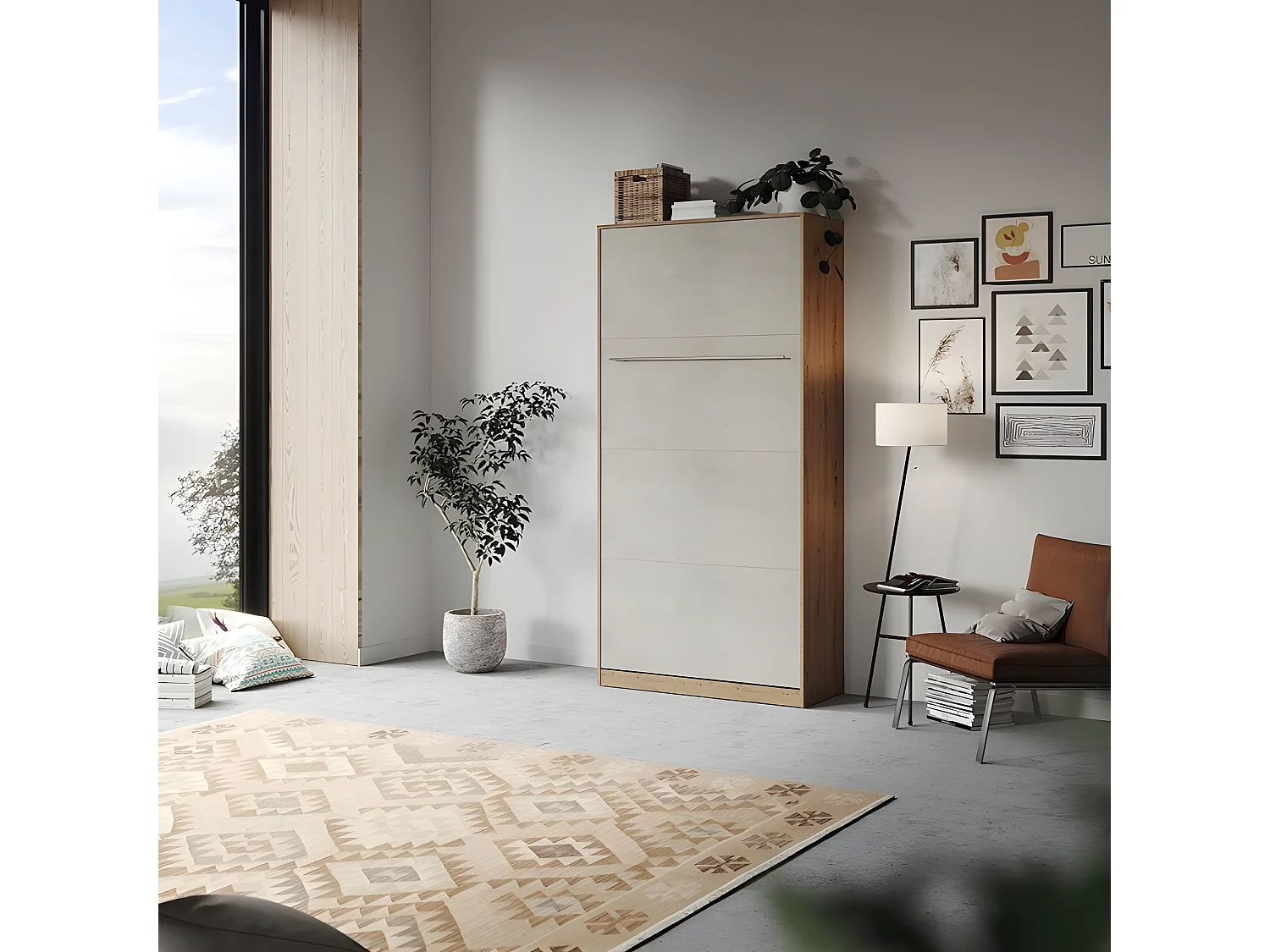 Armoire Lit escamotable 90x200cm Vertical Lit Rabattable Lit Mural Supérieur Chêne Sauvage/Béton