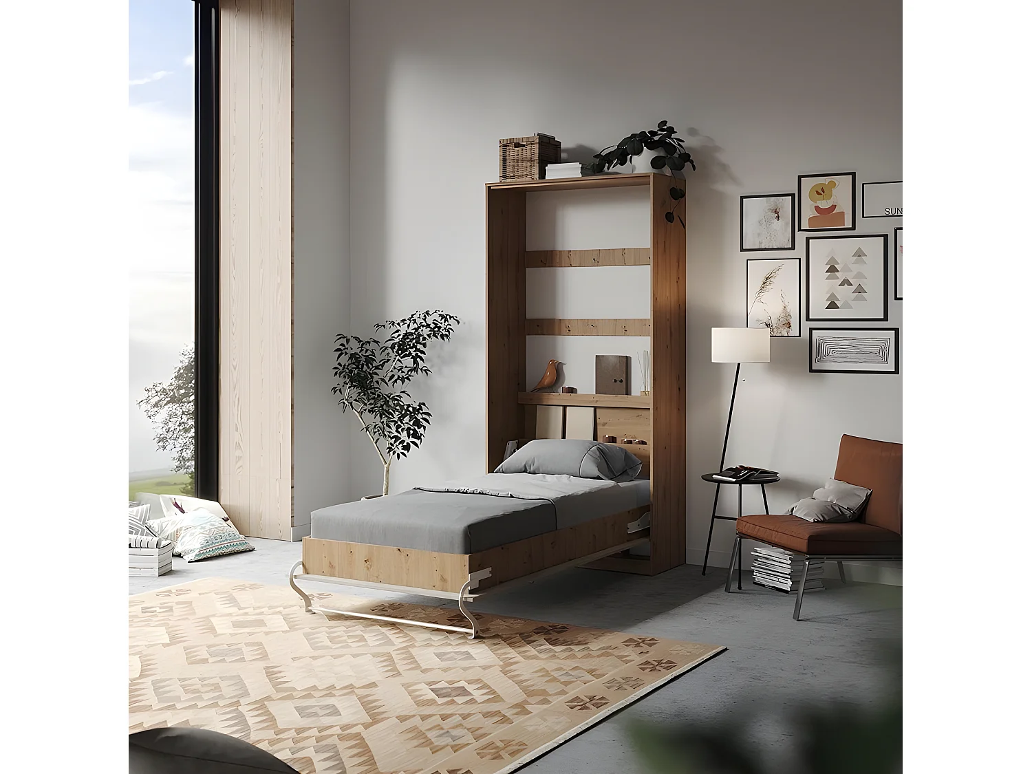 Armoire Lit escamotable 90x200cm Vertical Lit Rabattable Lit Mural Supérieur Chêne Sauvage/Béton