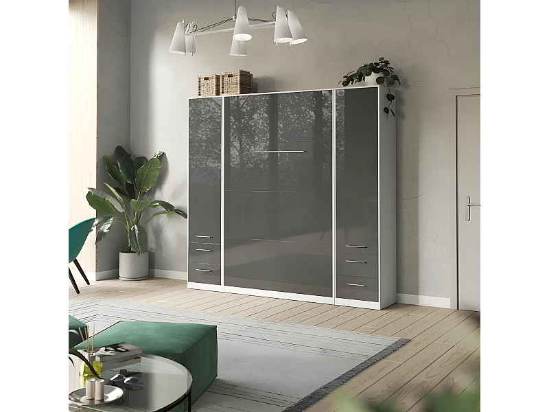 Lit escamotable +2 Placards Vertical 90x200+(50x2)cm Lit Rabattable Lit Mural Standard Blanc/Anthracite Brillant