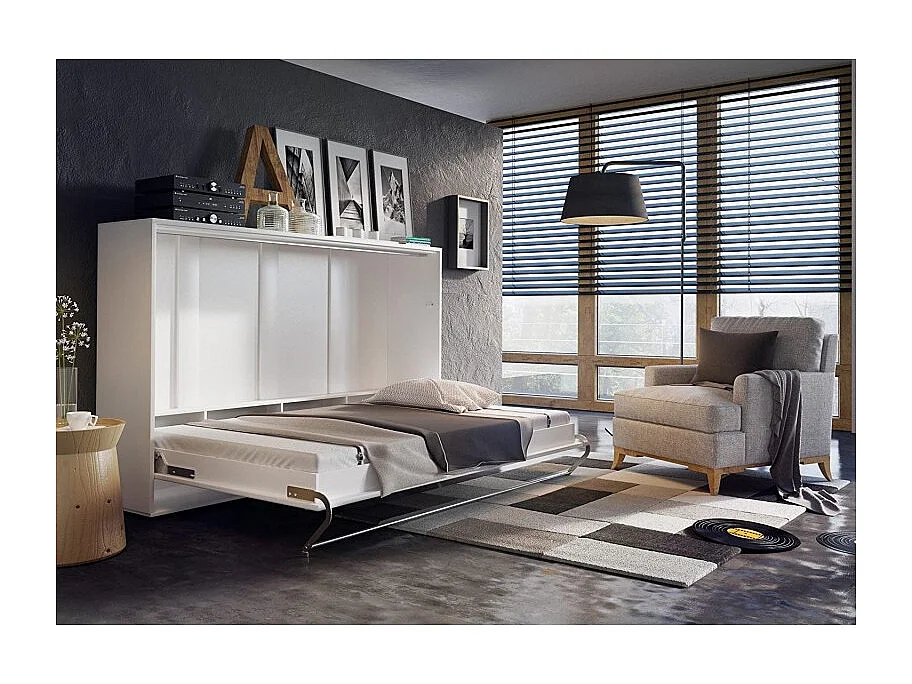 Lenart Armoire Lit escamotable Horizontal 120x200 cm Blanc brillant Lit Rabattable Lit Mural Consus pro