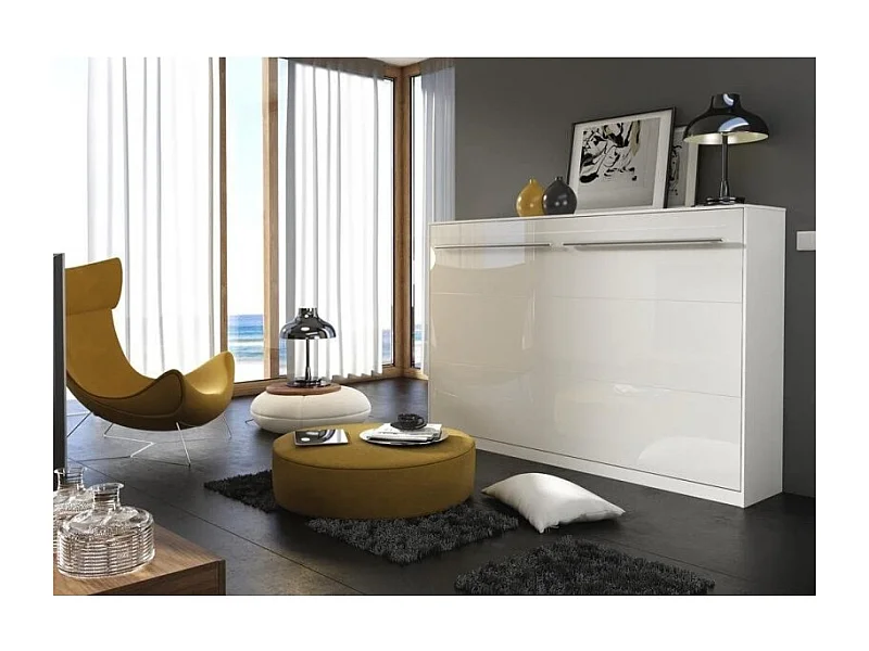 Lenart Armoire Lit escamotable Horizontal 120x200 cm Blanc brillant Lit Rabattable Lit Mural Consus pro