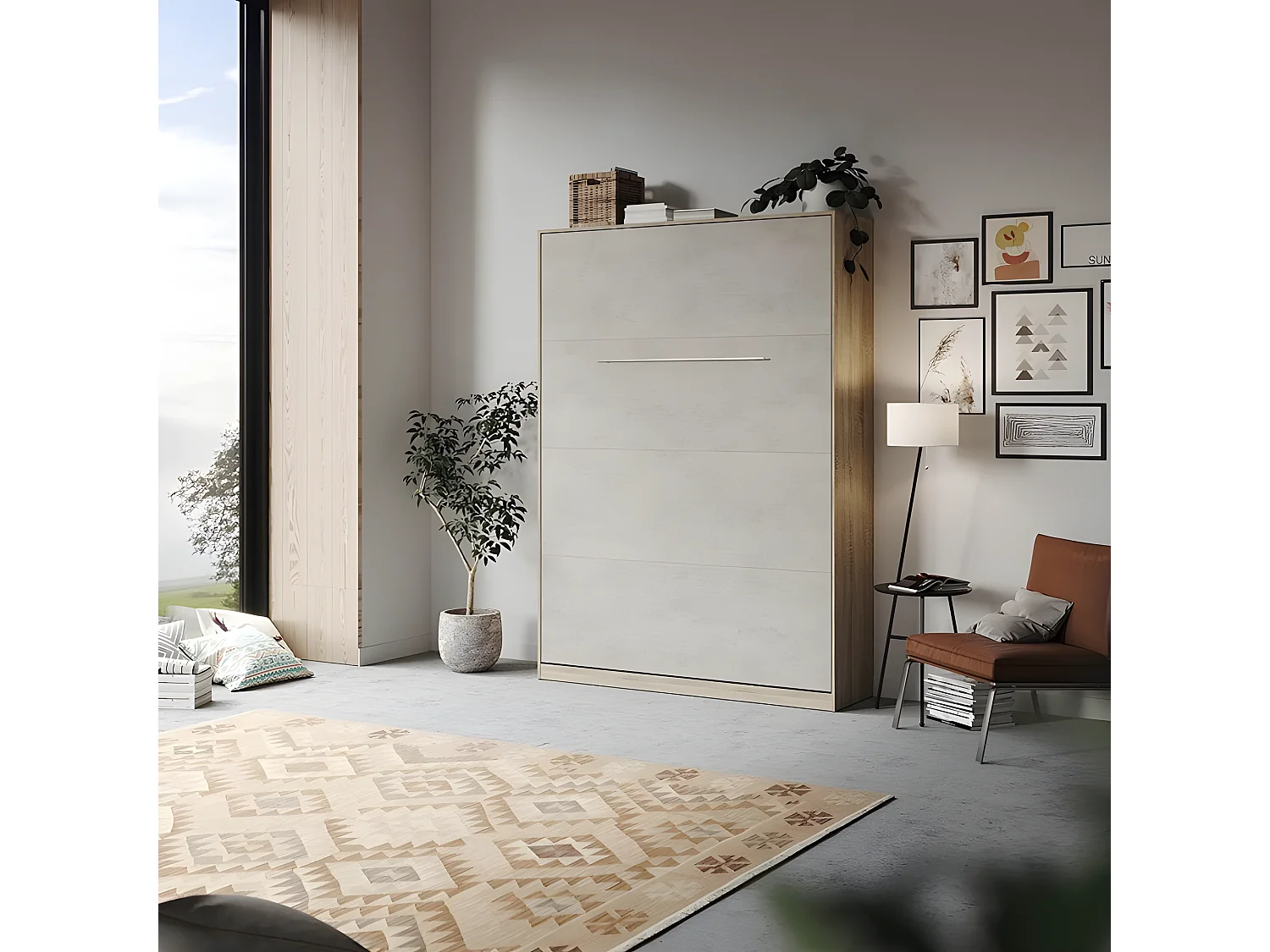 Armoire Lit escamotable 140x200cm Lit Rabattable Lit Mural Supérieur Vertical Chêne Sonoma/Béton