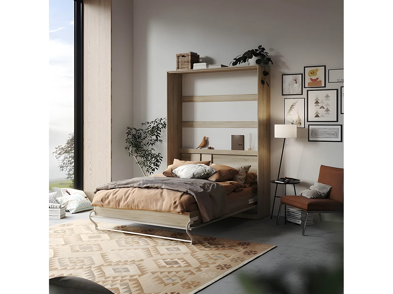 Armoire Lit escamotable 140x200cm Lit Rabattable Lit Mural Supérieur Vertical Chêne Sonoma/Béton