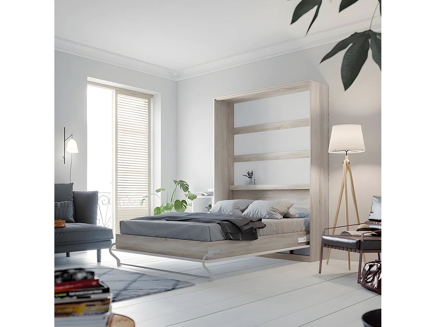 Armoire Lit escamotable 140x200cm Lit Rabattable Lit Mural Supérieur Vertical Chêne Sonoma/Blanc brillant