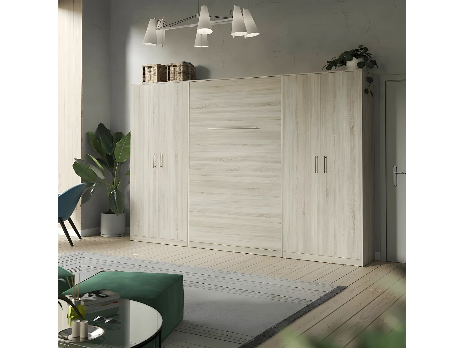 Lit escamotable +2 Placards Vertical 90x200+(80x2)cm Lit Rabattable Lit Mural Standard Chêne Sonoma//Chêne Sonoma