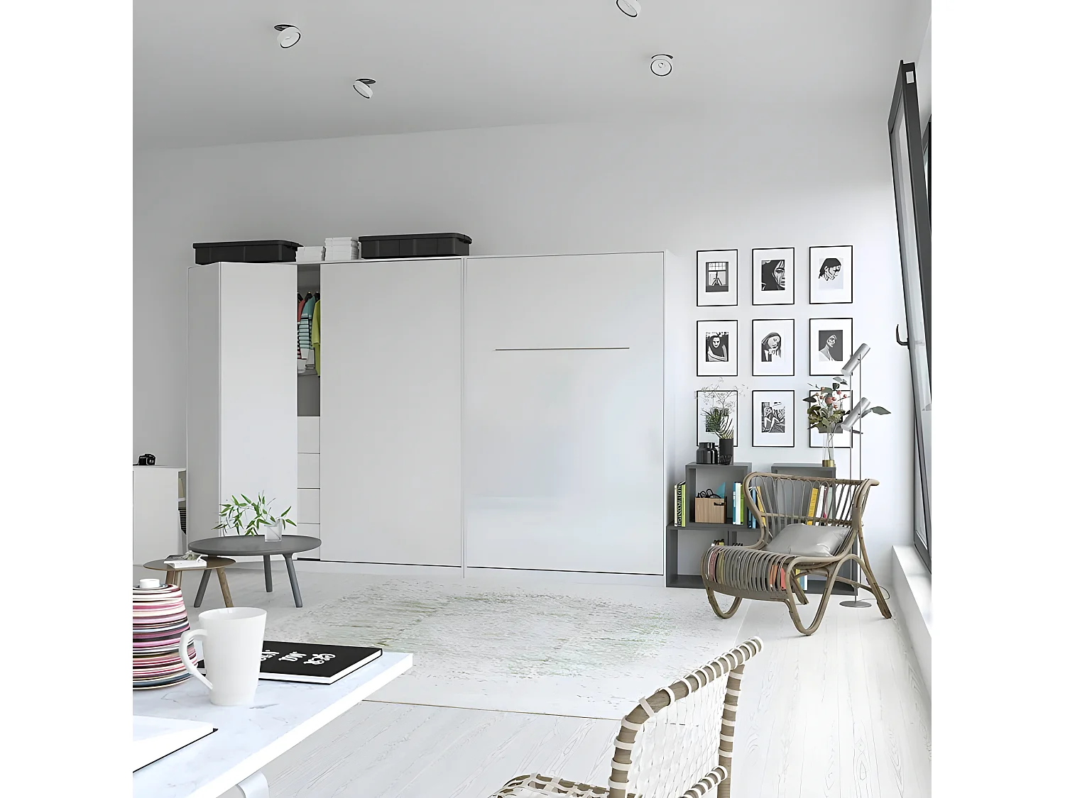 Armoire Lit escamotable 120x200cm Vertical Lit Rabattable Lit Mural Supérieur Blanc/Blanc brillant