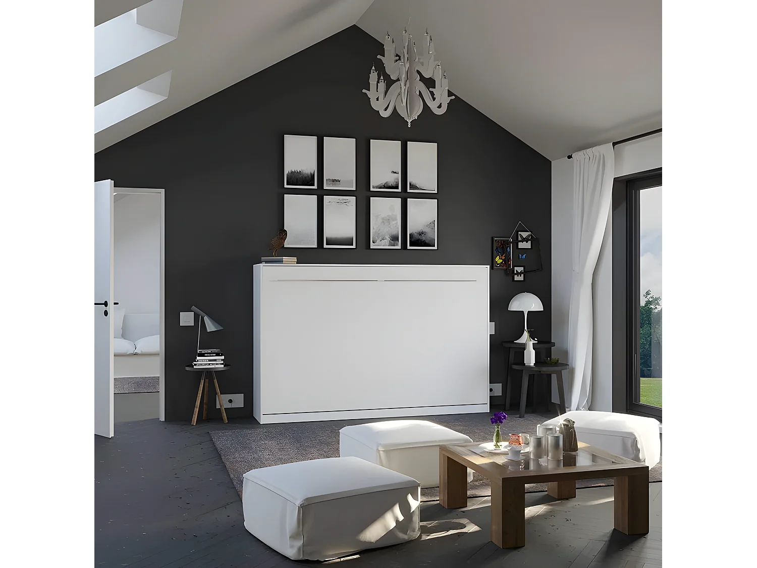 Armoire Lit escamotable 120x200cm Supérieur Horizontal Lit Rabattable Lit Mural Blanc/blanc