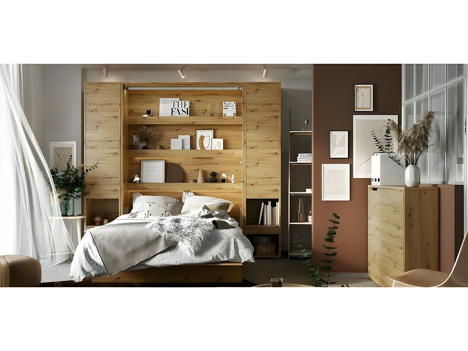 Lenart Armoire Lit escamotable +2 Placards tiroir Vertical 90x200 cm Chêne artisan Lit Rabattable Lit Mural"Consus"