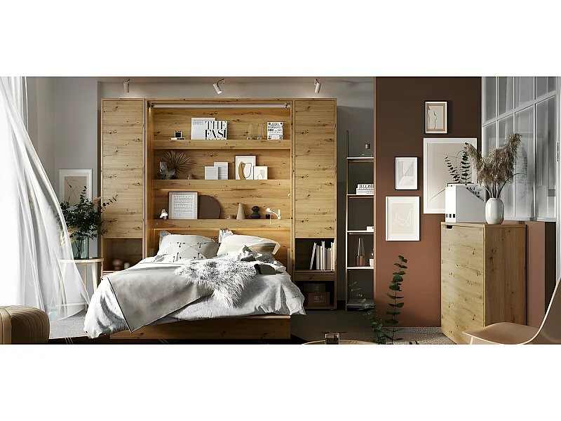 Lenart Armoire Lit escamotable +2 Placards tiroir Vertical 90x200 cm Chêne artisan Lit Rabattable Lit Mural"Consus"