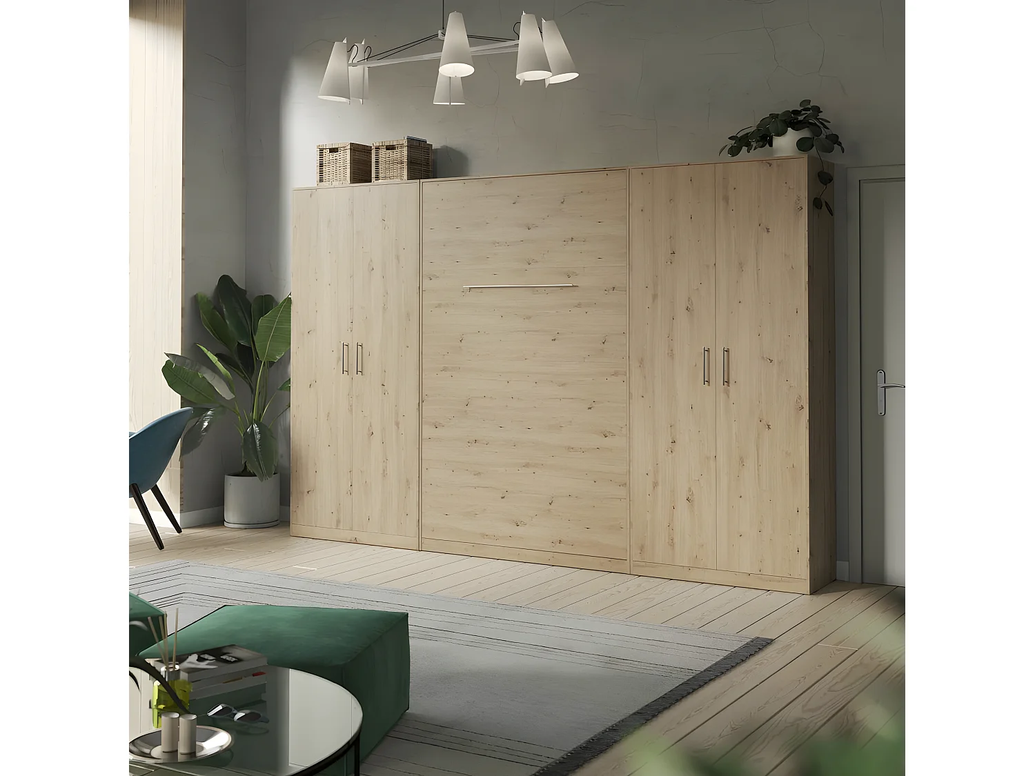 Lit escamotable +2 Placards Vertical 90x200+(80x2)cm Lit Rabattable Lit Mural Standard Chêne Sauvage/Chêne Sauvage