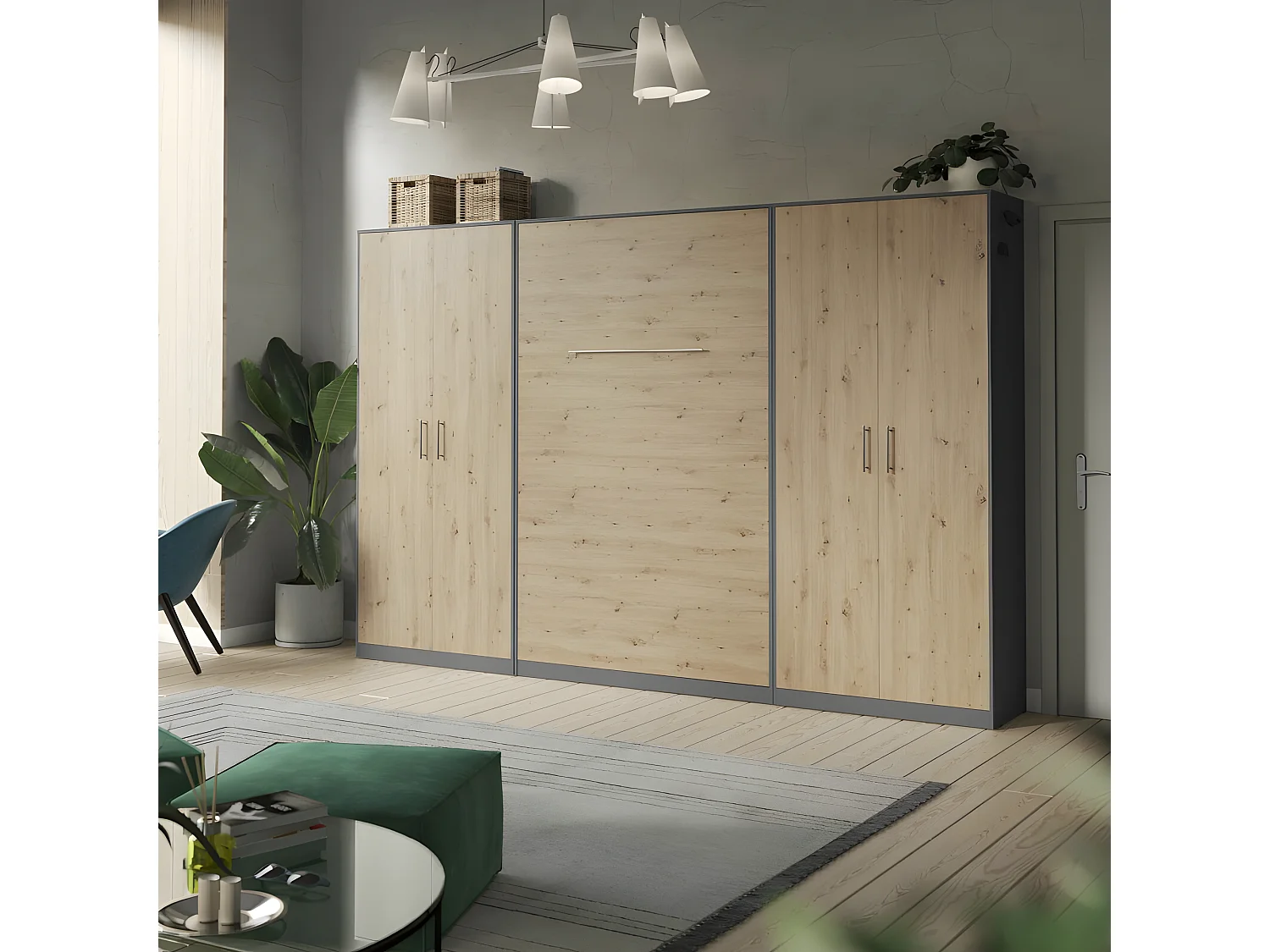 Lit escamotable +2 Placards Vertical 90x200+(80x2)cm Lit Rabattable Lit Mural Standard Anthracite/Chêne sauvage