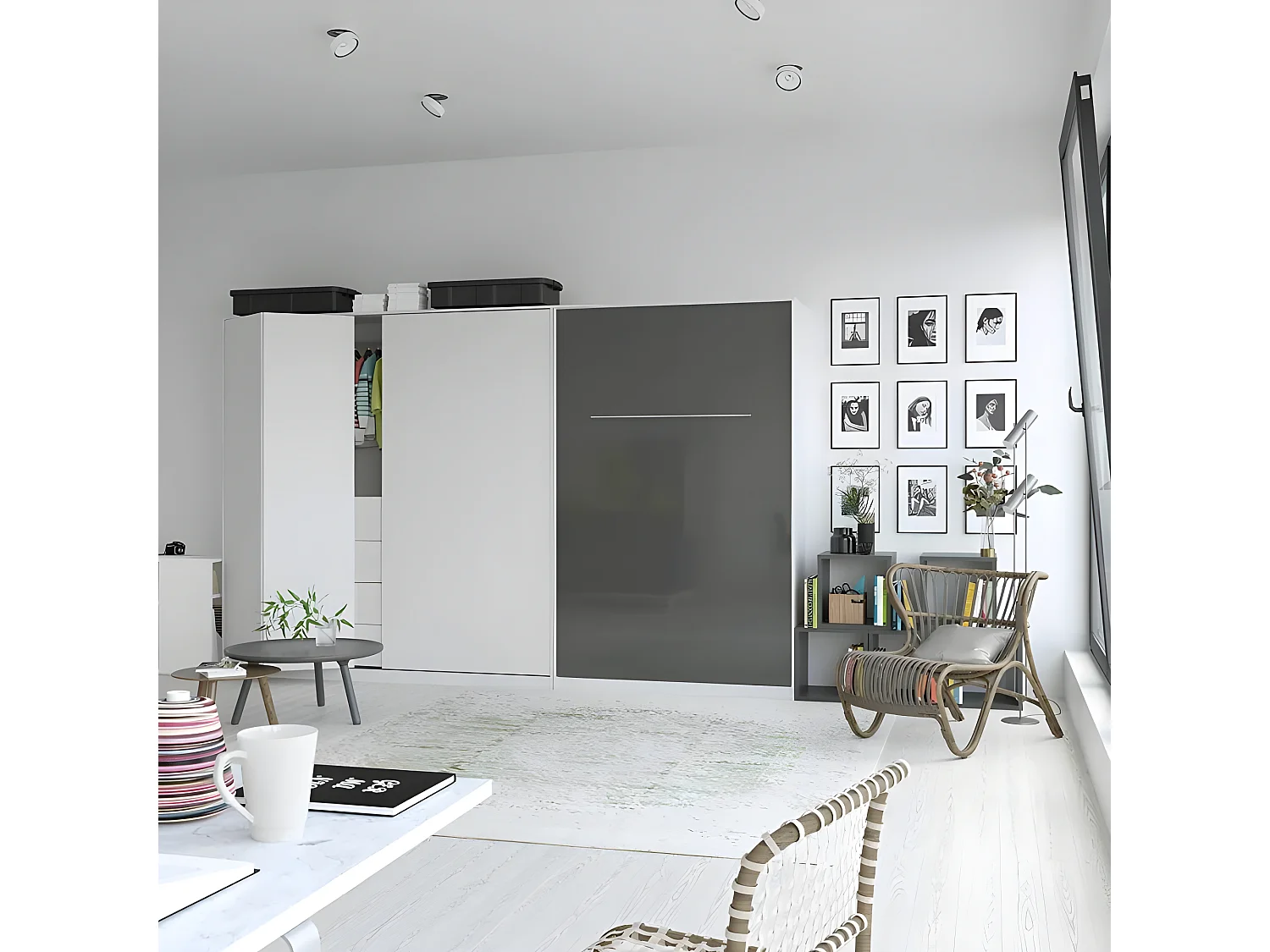 Armoire Lit escamotable 120x200cm Vertical Lit Rabattable Lit Mural Supérieur Blanc/Anthracite Brillant