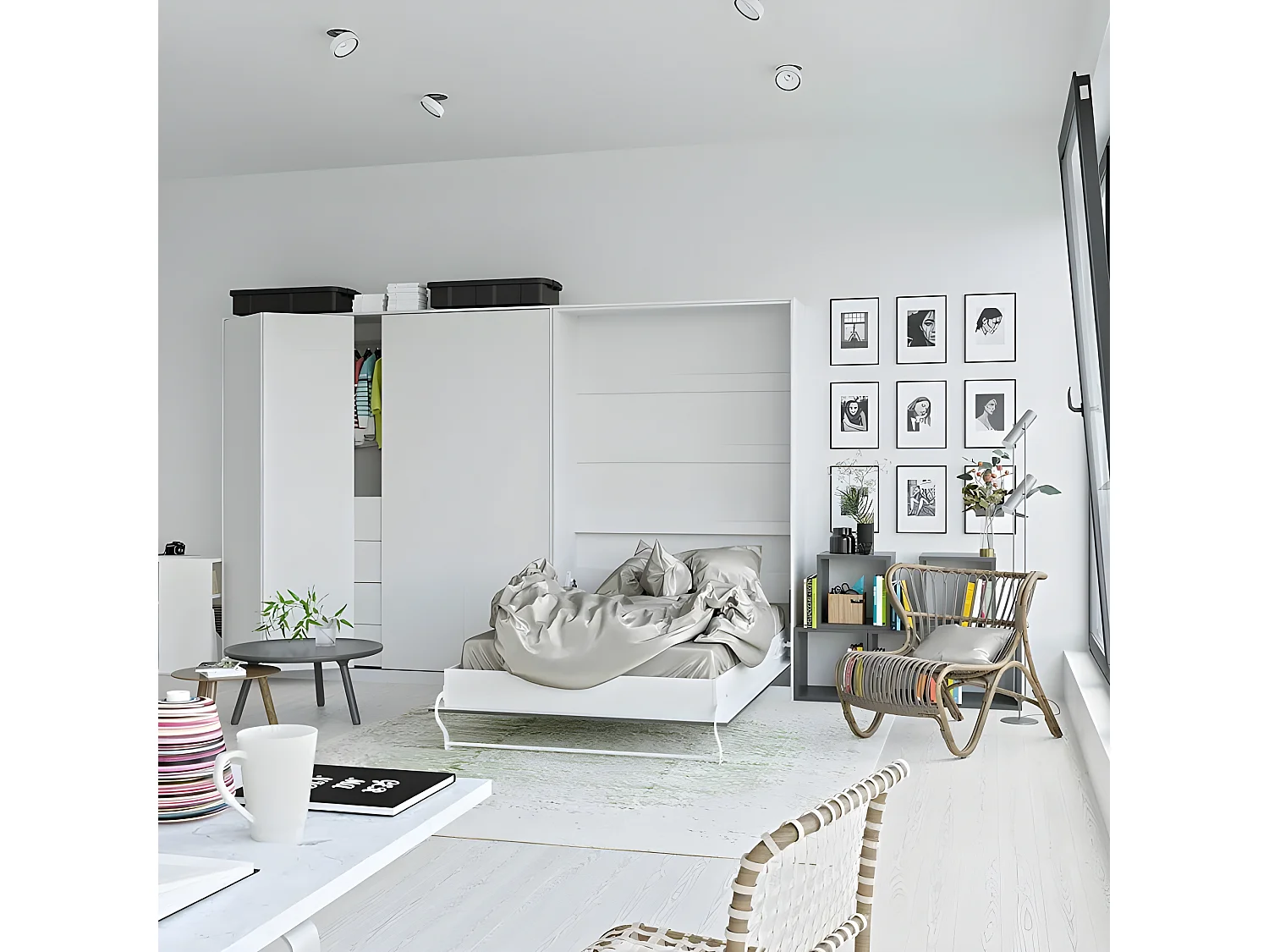 Armoire Lit escamotable 120x200cm Vertical Lit Rabattable Lit Mural Supérieur Blanc/Anthracite Brillant