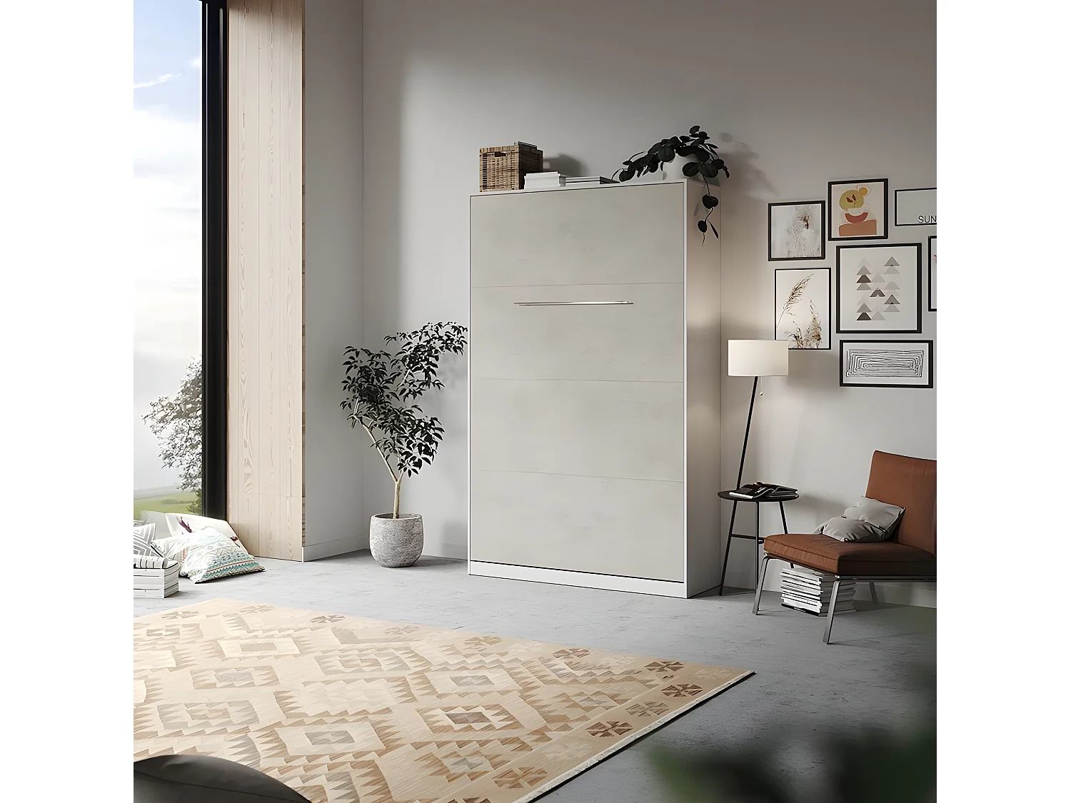 Armoire Lit escamotable 120x200cm Vertical Lit Rabattable Lit Mural Supérieur Blanc/Béton