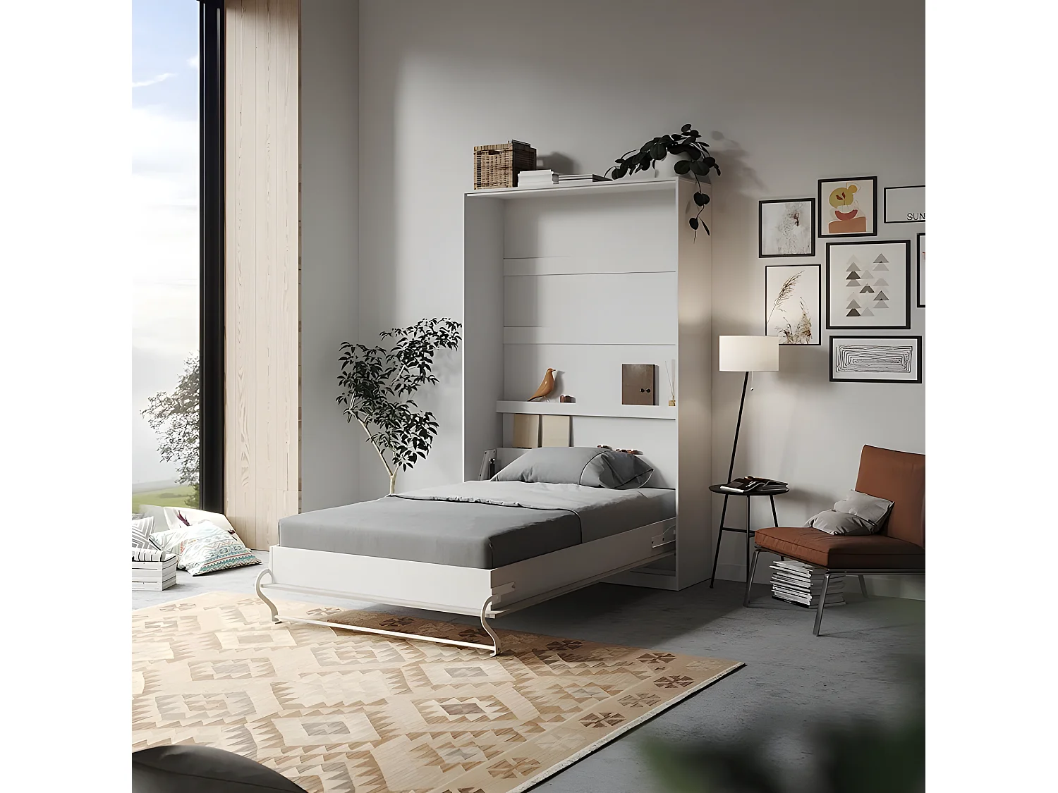 Armoire Lit escamotable 120x200cm Vertical Lit Rabattable Lit Mural Supérieur Blanc/Béton