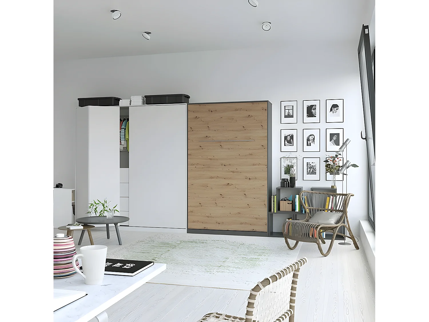 Armoire Lit escamotable 120x200cm Vertical Lit Rabattable Lit Mural Supérieur Anthracite/Chêne sauvage