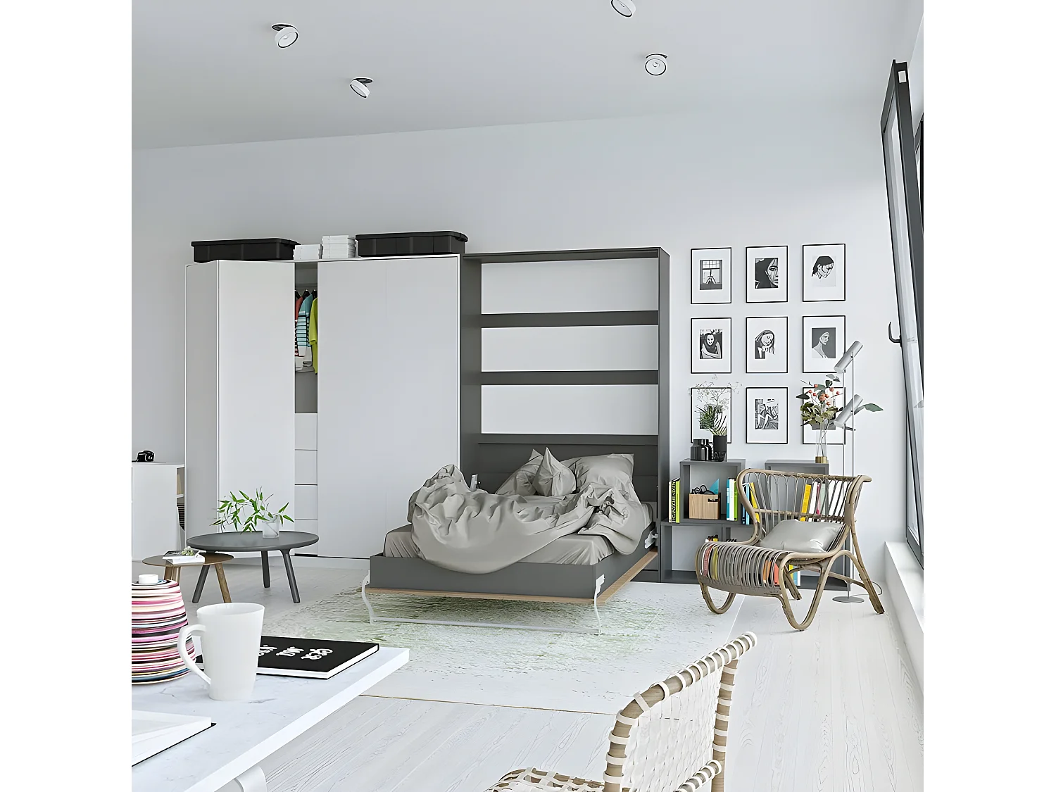 Armoire Lit escamotable 120x200cm Vertical Lit Rabattable Lit Mural Supérieur Anthracite/Chêne sauvage