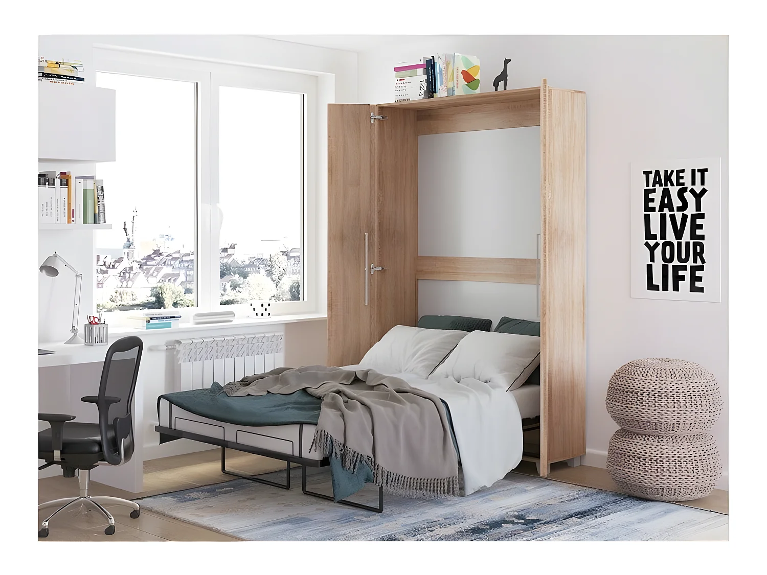 Armoire Lit escamotable Vertical 120x200 cm Sonoma artisan avec porte Lit Rabattable Lit Mural Todor