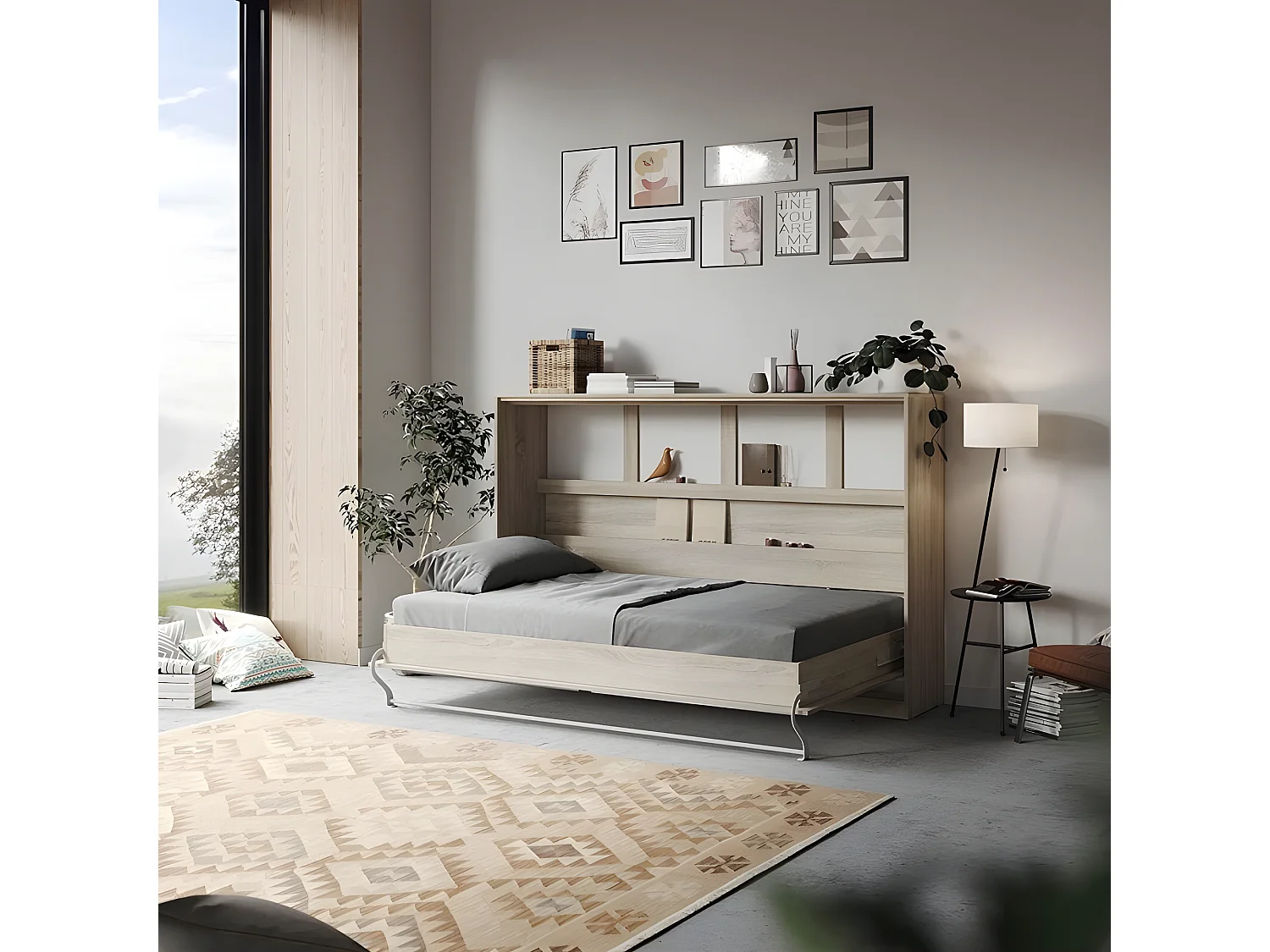 Armoire Lit escamotable 120x200cm Supérieur Horizontal Lit Rabattable Lit Mural Chêne Sonoma/Béton