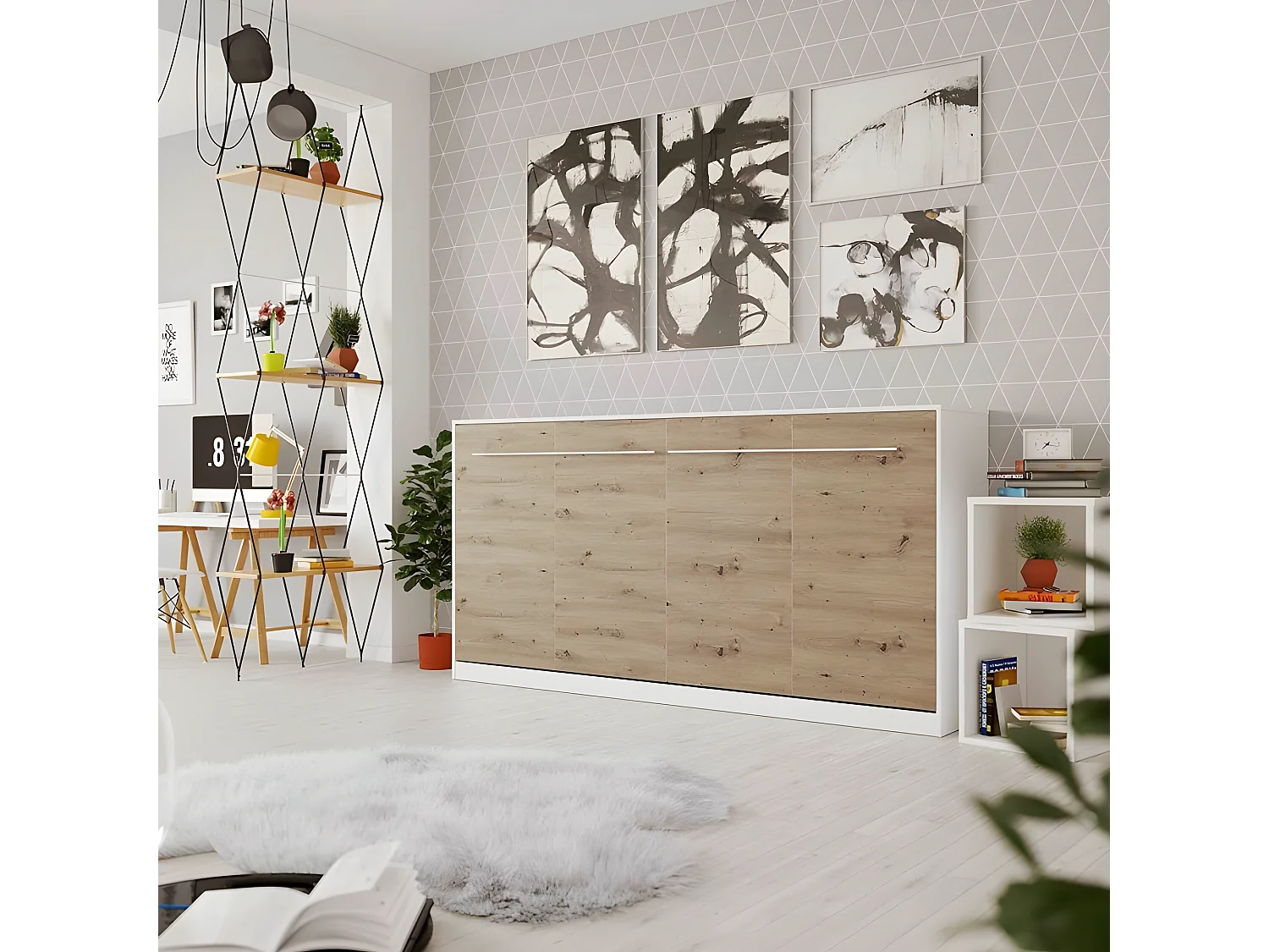 Armoire Lit escamotable 90x200cm Supérieur Horizontal Lit Rabattable Lit Mural Blanc/Chêne Sauvage