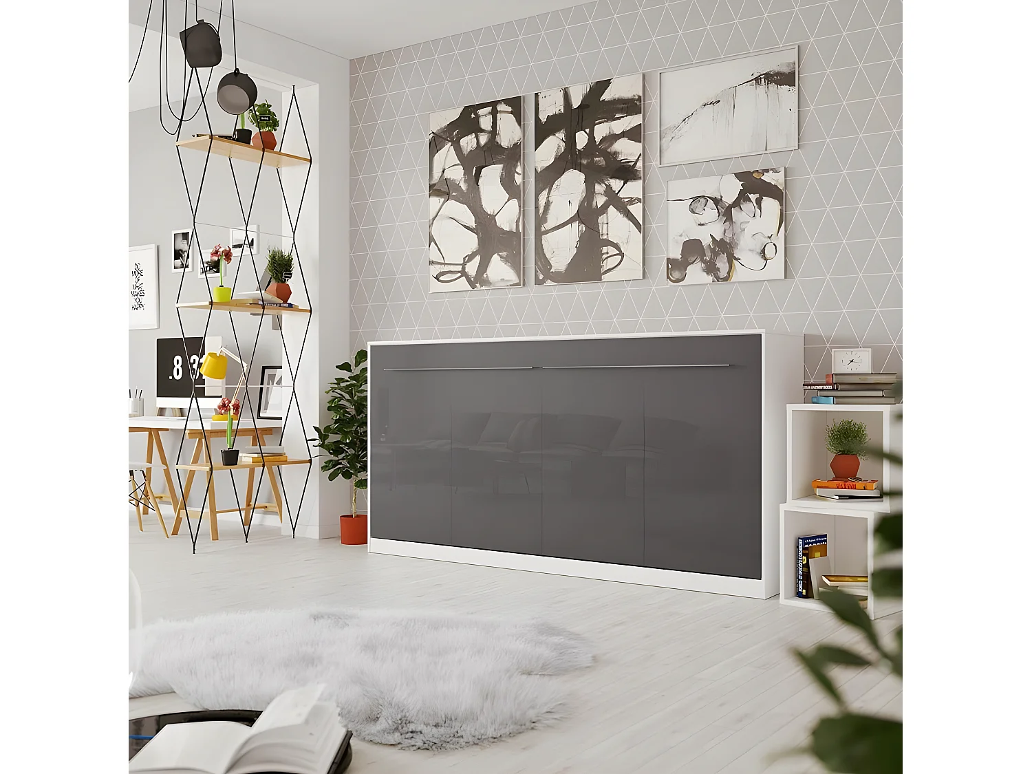 Armoire Lit escamotable 90x200cm Supérieur Horizontal Lit Rabattable Lit Mural Blanc/Anthracite Brillant