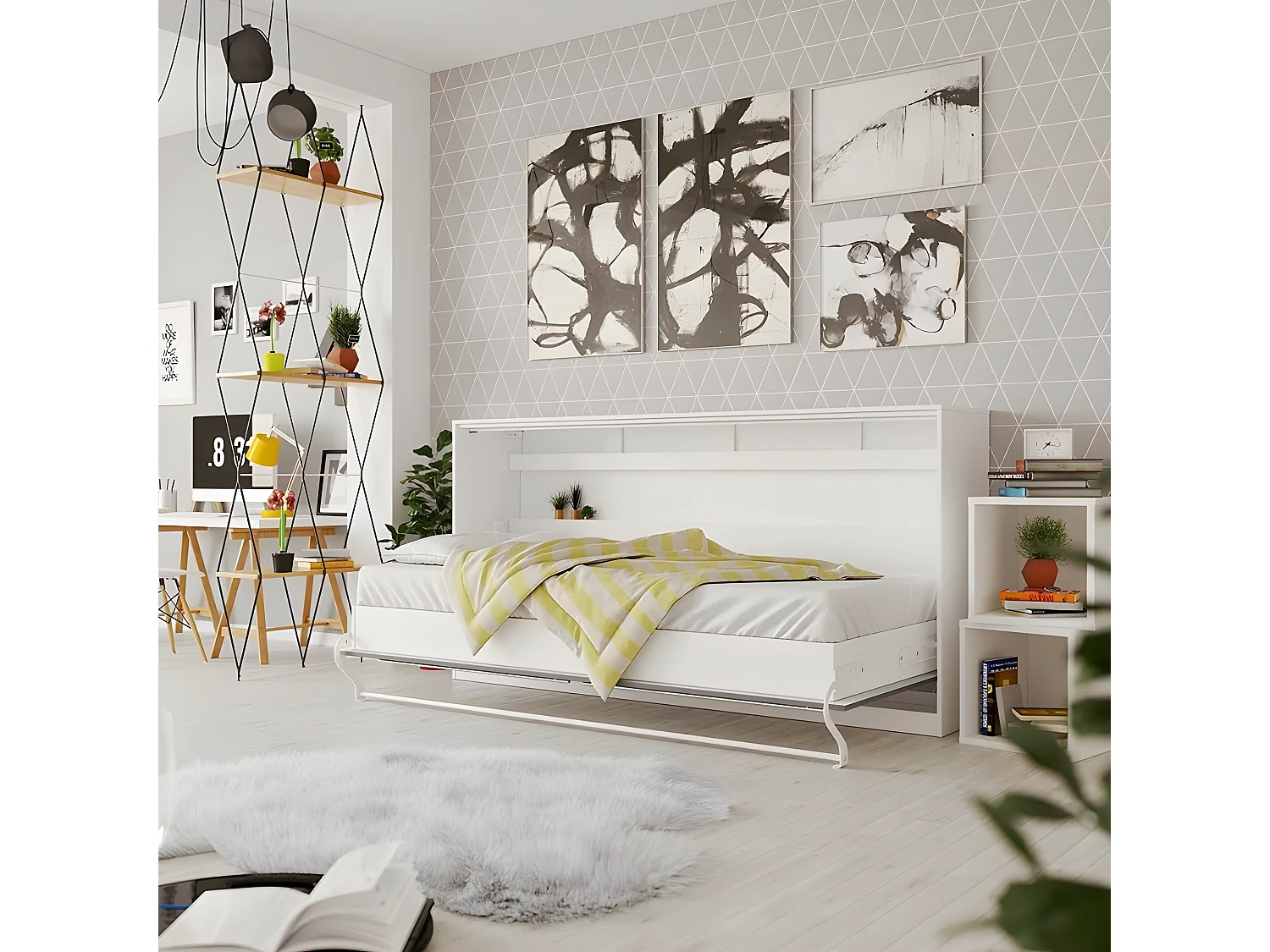 Armoire Lit escamotable 90x200cm Supérieur Horizontal Lit Rabattable Lit Mural Blanc/Anthracite Brillant