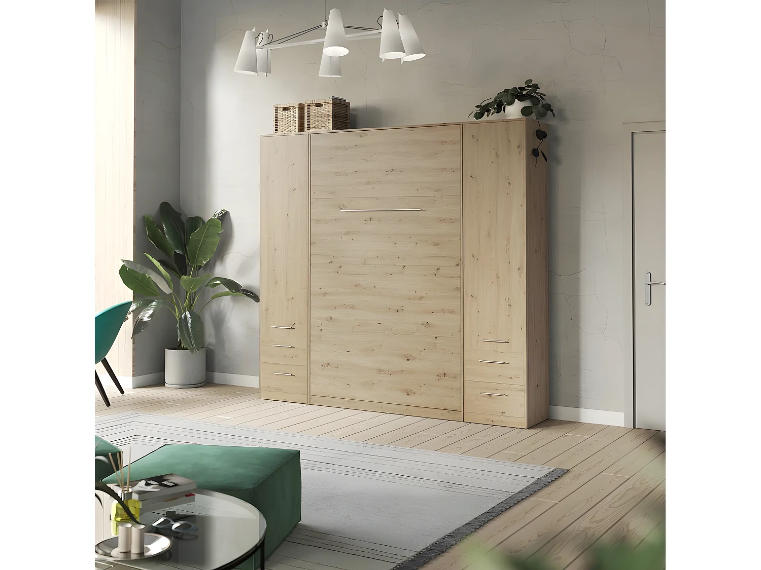 Lit escamotable +2 Placards Vertical 120x200+(50x2)cm Lit Rabattable Lit Mural Standard Chêne Sauvage/Chêne Sauvage