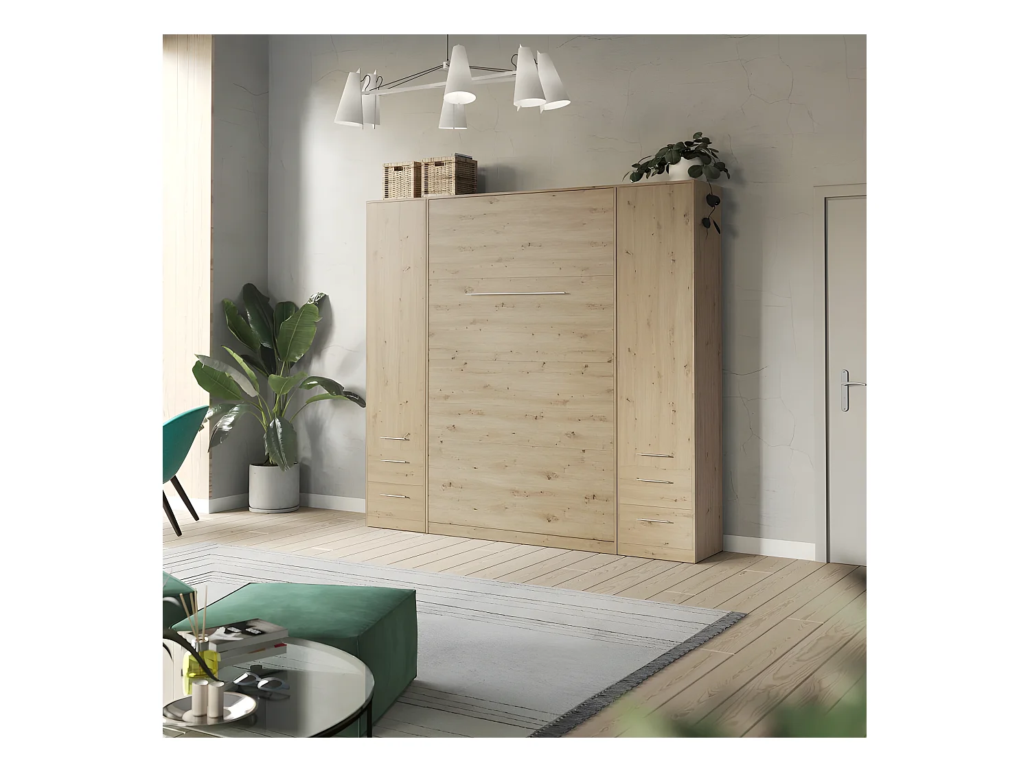 Lit escamotable +2 Placards Vertical 120x200+(50x2)cm Lit Rabattable Lit Mural Standard Chêne Sauvage/Chêne Sauvage