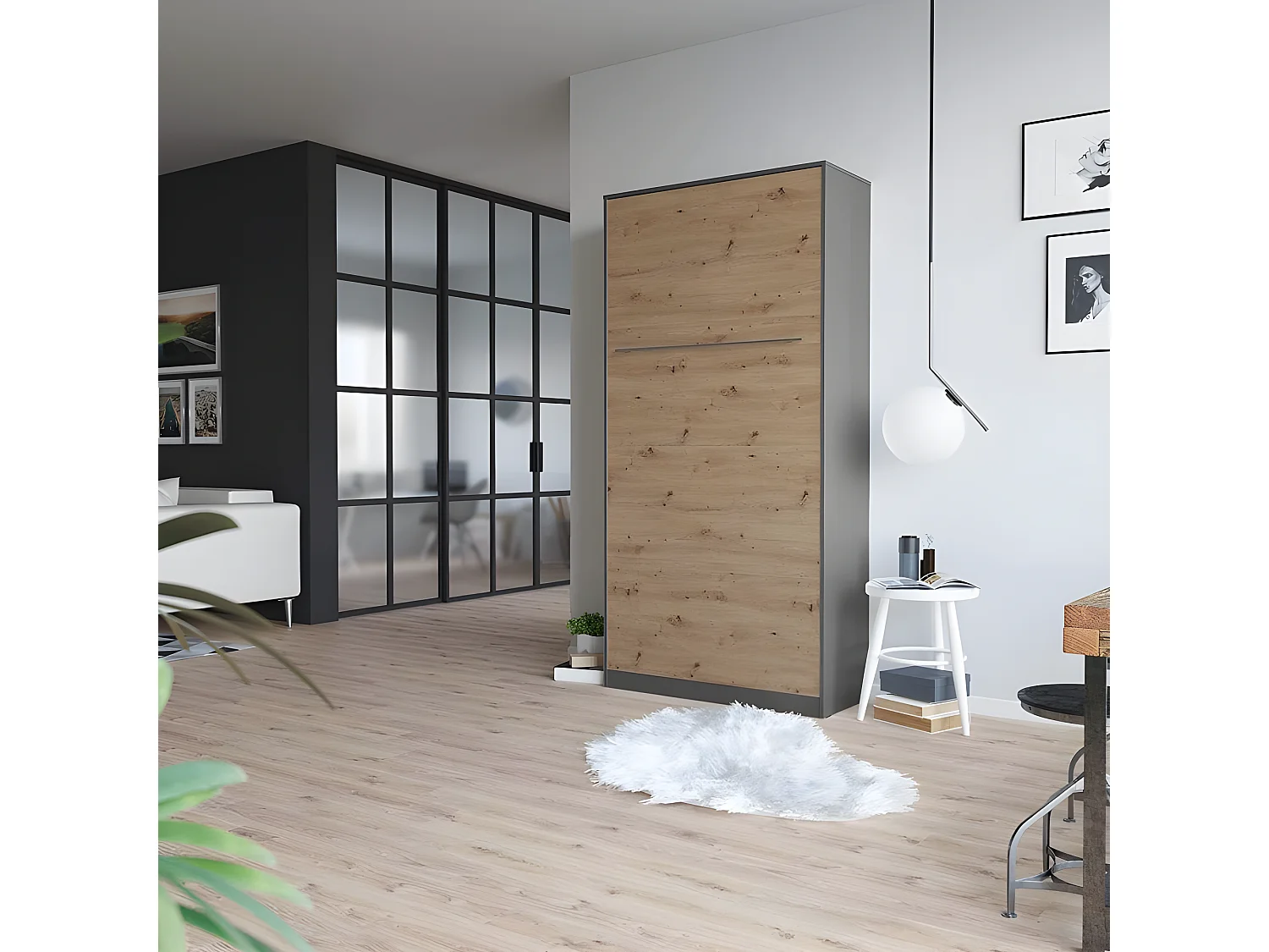 Armoire Lit escamotable 90x200cm Vertical Lit Rabattable Lit Mural Supérieur Anthracite/Chêne sauvage