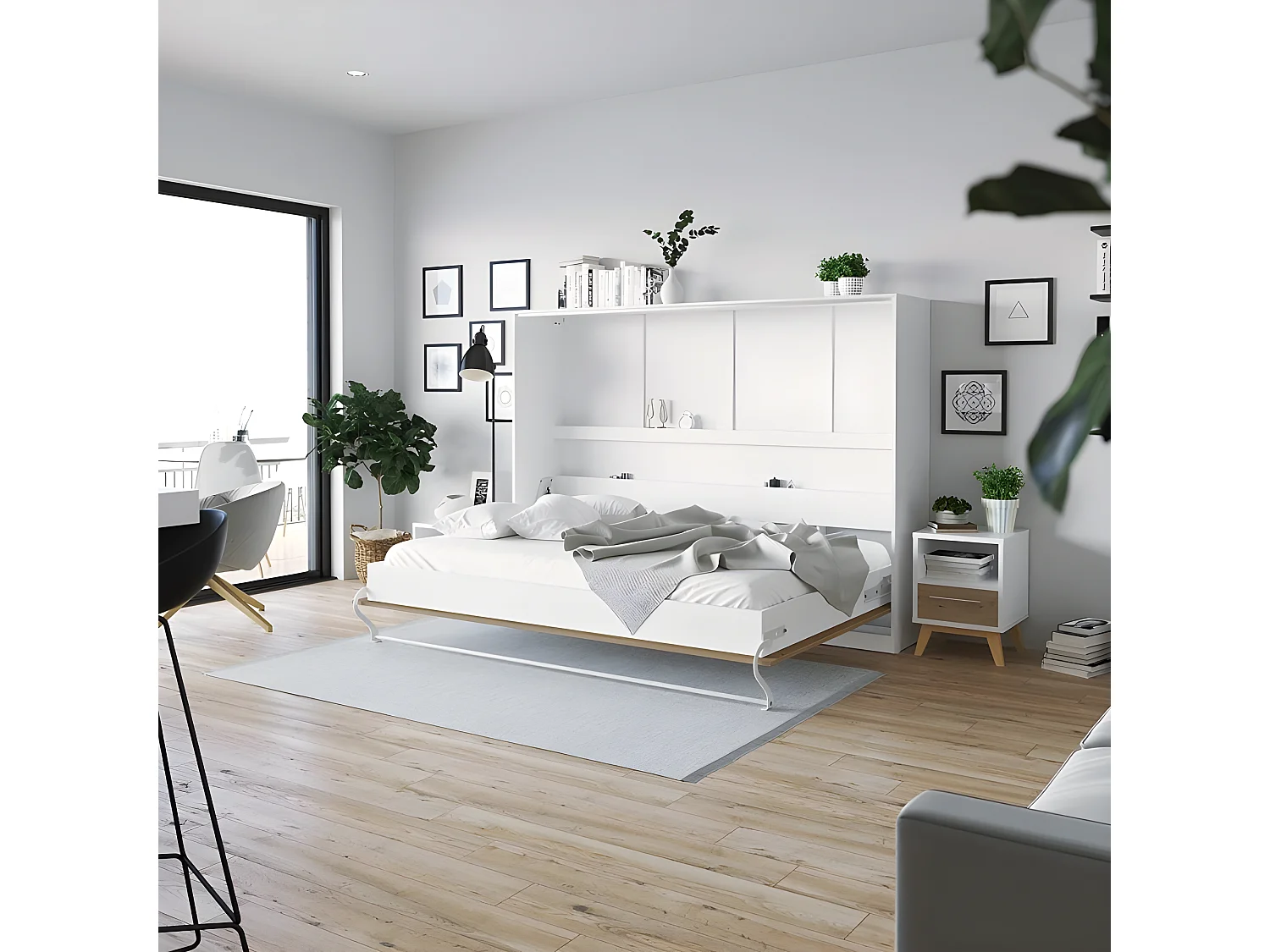 Armoire Lit escamotable 140x200cm Supérieur Horizontal Lit Rabattable Lit Mural Blanc/Chêne Sauvage