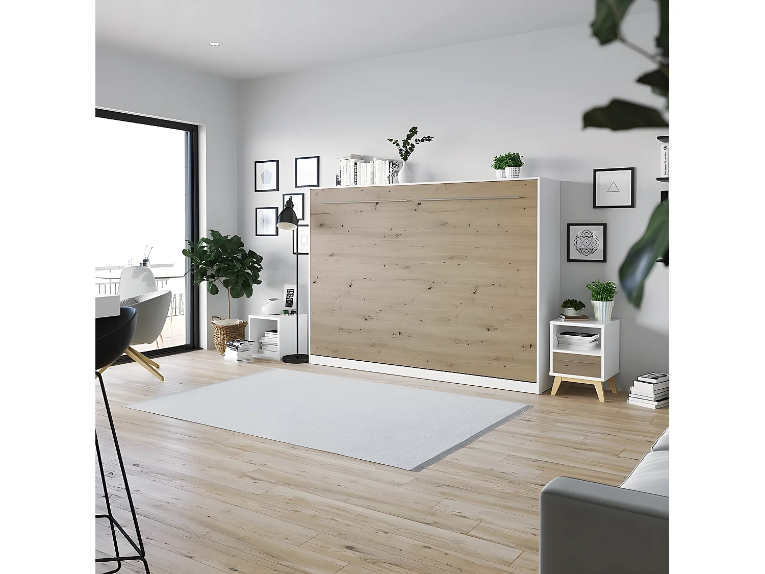 Armoire Lit escamotable 140x200cm Supérieur Horizontal Lit Rabattable Lit Mural Blanc/Chêne Sauvage