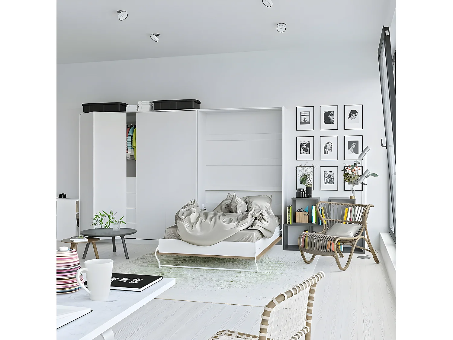 Armoire Lit escamotable 120x200cm Vertical Lit Rabattable Lit Mural Supérieur Blanc/Chêne Sauvage