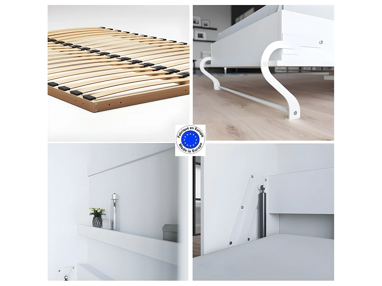 Lit escamotable +2 Placards Vertical 120x200+(80x2)cm Lit Rabattable Lit Mural Standard Blanc/Blanc brillant