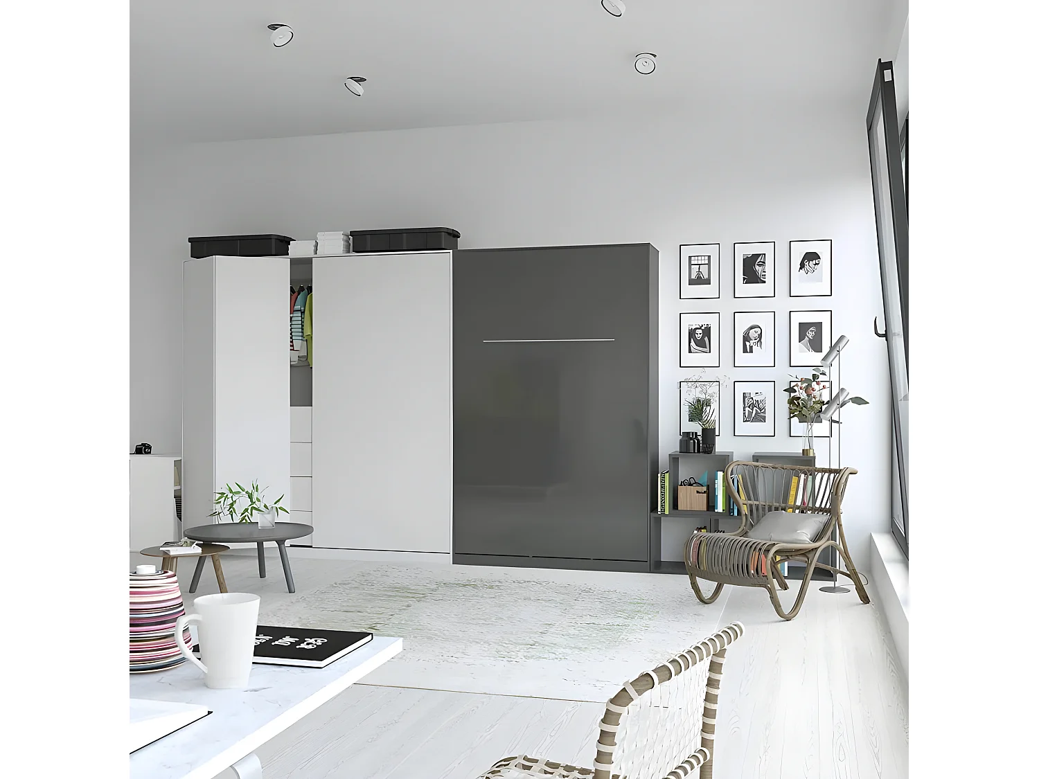 Armoire Lit escamotable 120x200cm Vertical Lit Rabattable Lit Mural Supérieur Anthracite/Anthracite brillant