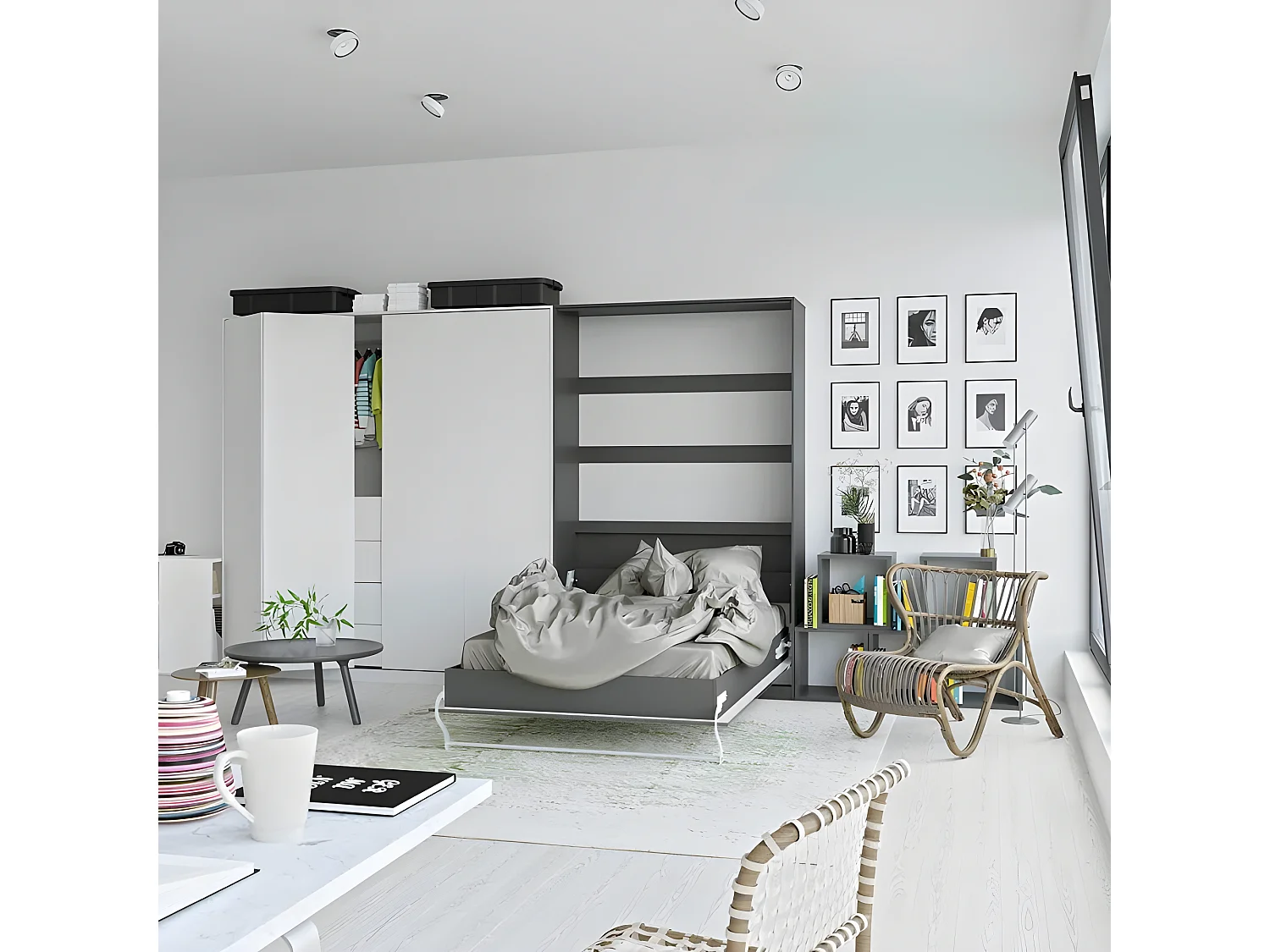 Armoire Lit escamotable 120x200cm Vertical Lit Rabattable Lit Mural Supérieur Anthracite/Anthracite brillant