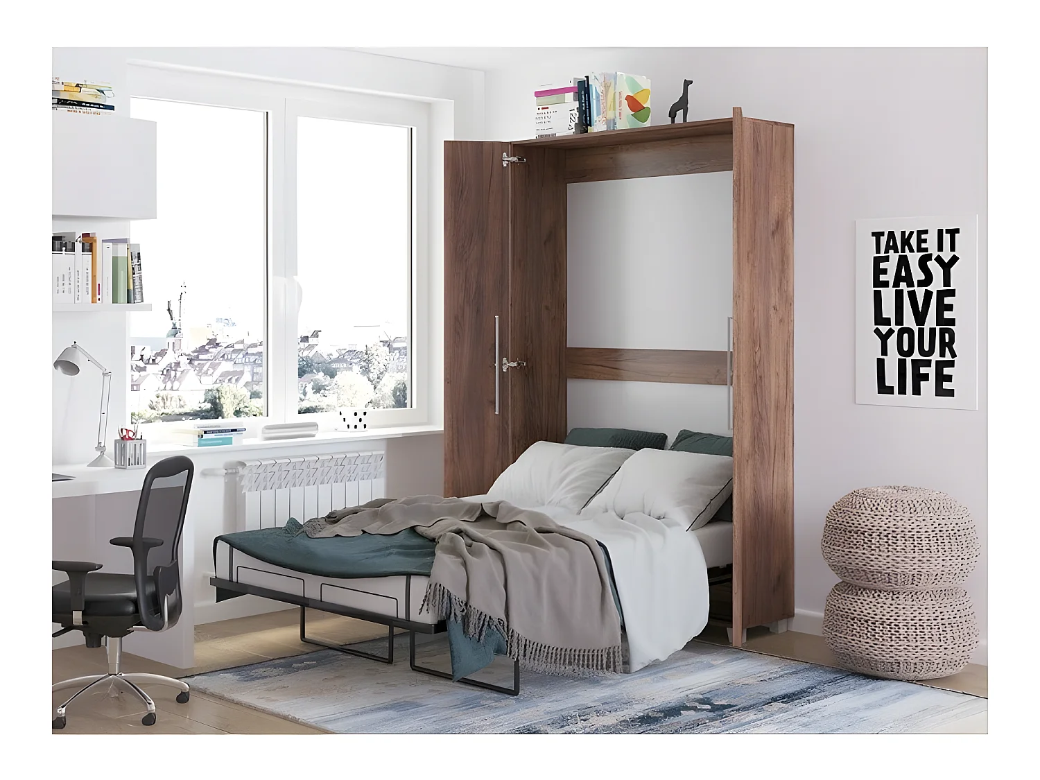 Armoire Lit escamotable Vertical 120x200 cm couleur Tabac foncé avec porte Lit Rabattable Lit Mural Todor