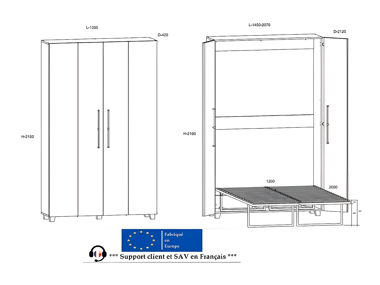 Armoire Lit escamotable Vertical 120x200 cm couleur Tabac foncé avec porte Lit Rabattable Lit Mural Todor