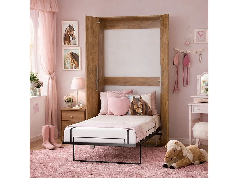 Armoire Lit escamotable Vertical 120x200 cm couleur Tabac foncé avec porte Lit Rabattable Lit Mural Todor