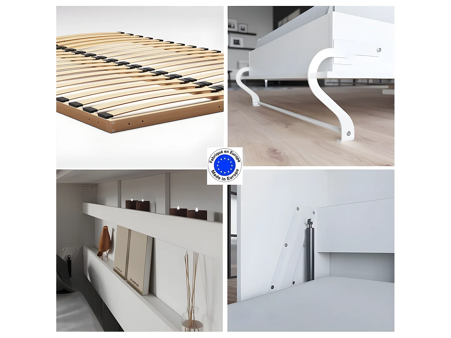 Armoire Lit escamotable 120x200cm Supérieur Horizontal Lit Rabattable Lit Mural Blanc/Blanc brillant