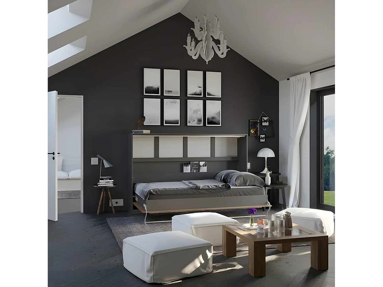 Armoire Lit escamotable 120x200cm Supérieur Horizontal Lit Rabattable Lit Mural Anthracite/Chêne sauvage