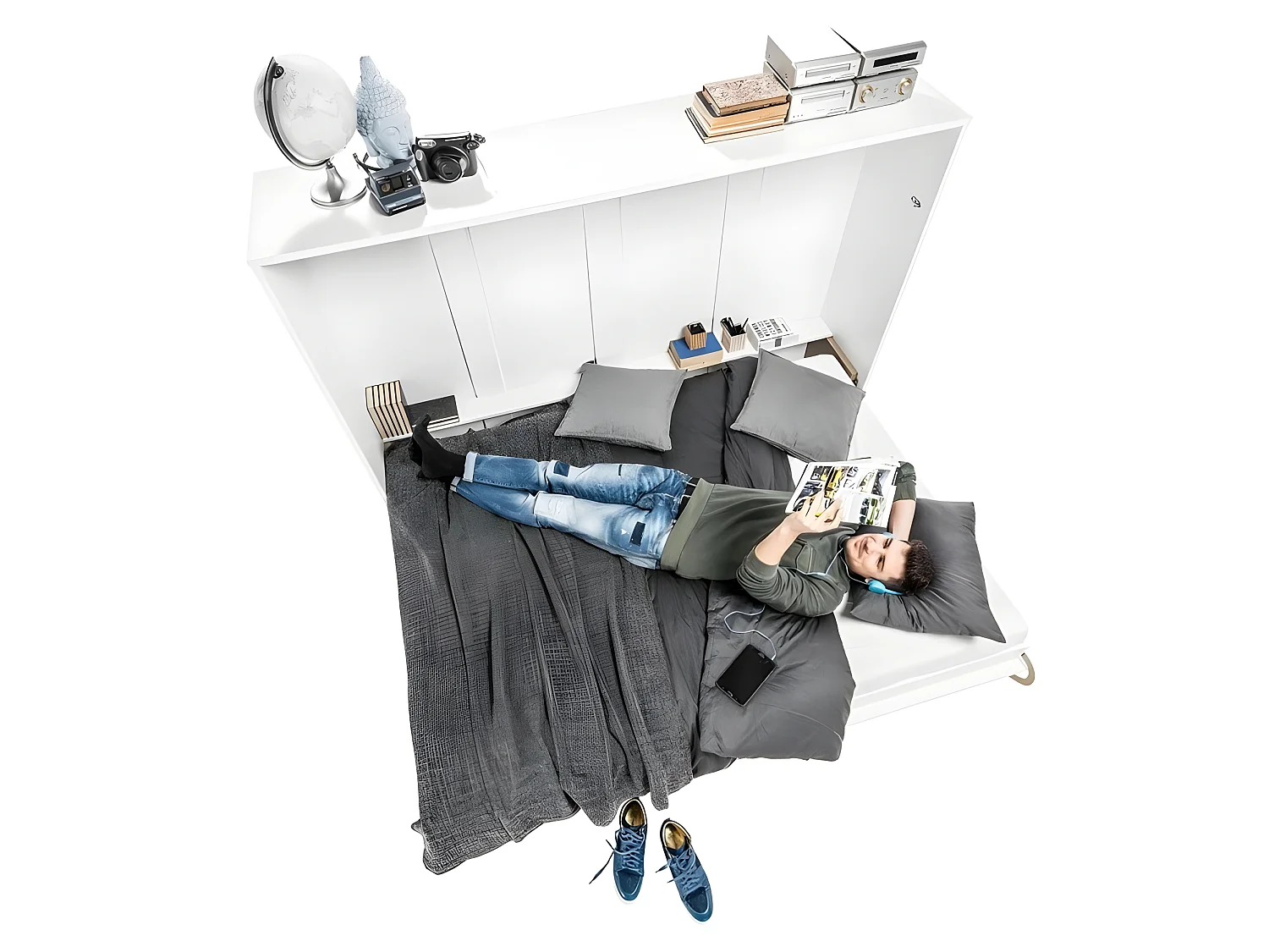 Lenart Armoire Lit escamotable Horizontal 120x200 cm Blanc mat Lit Rabattable Lit Mural Consus pro